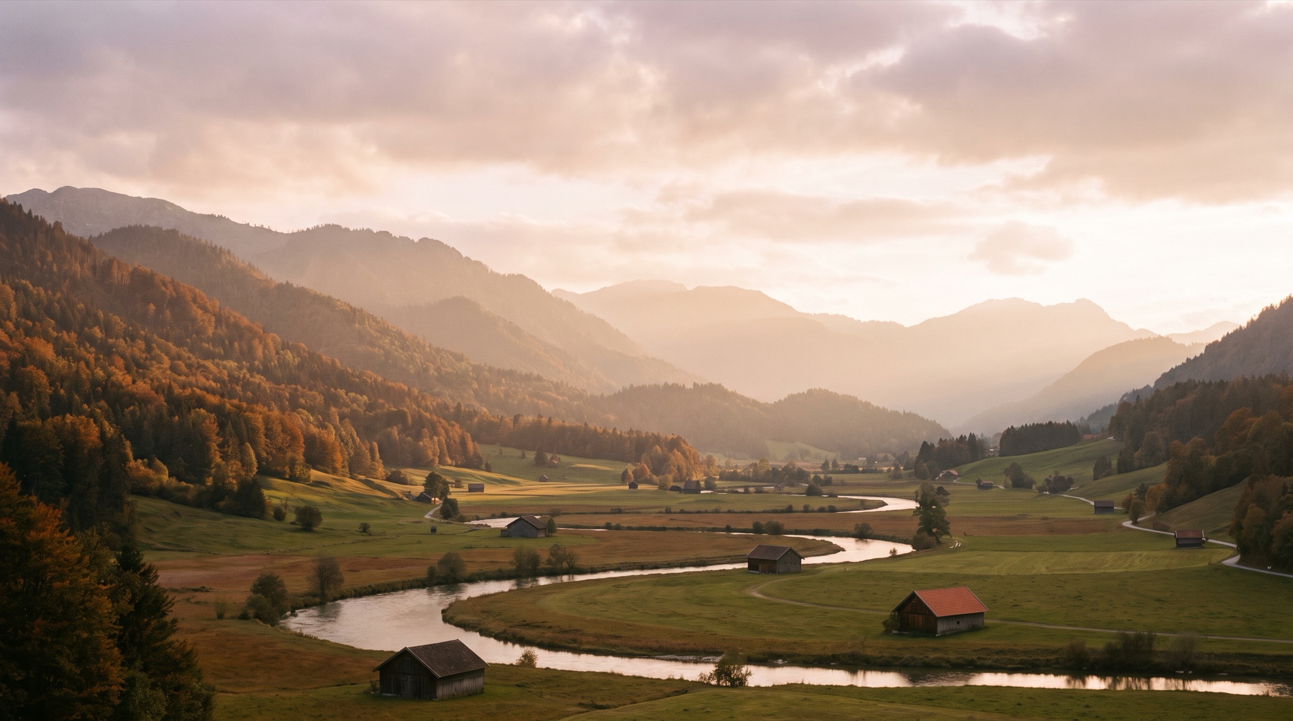 Fog rolling through a Bavarian valley at golden hour