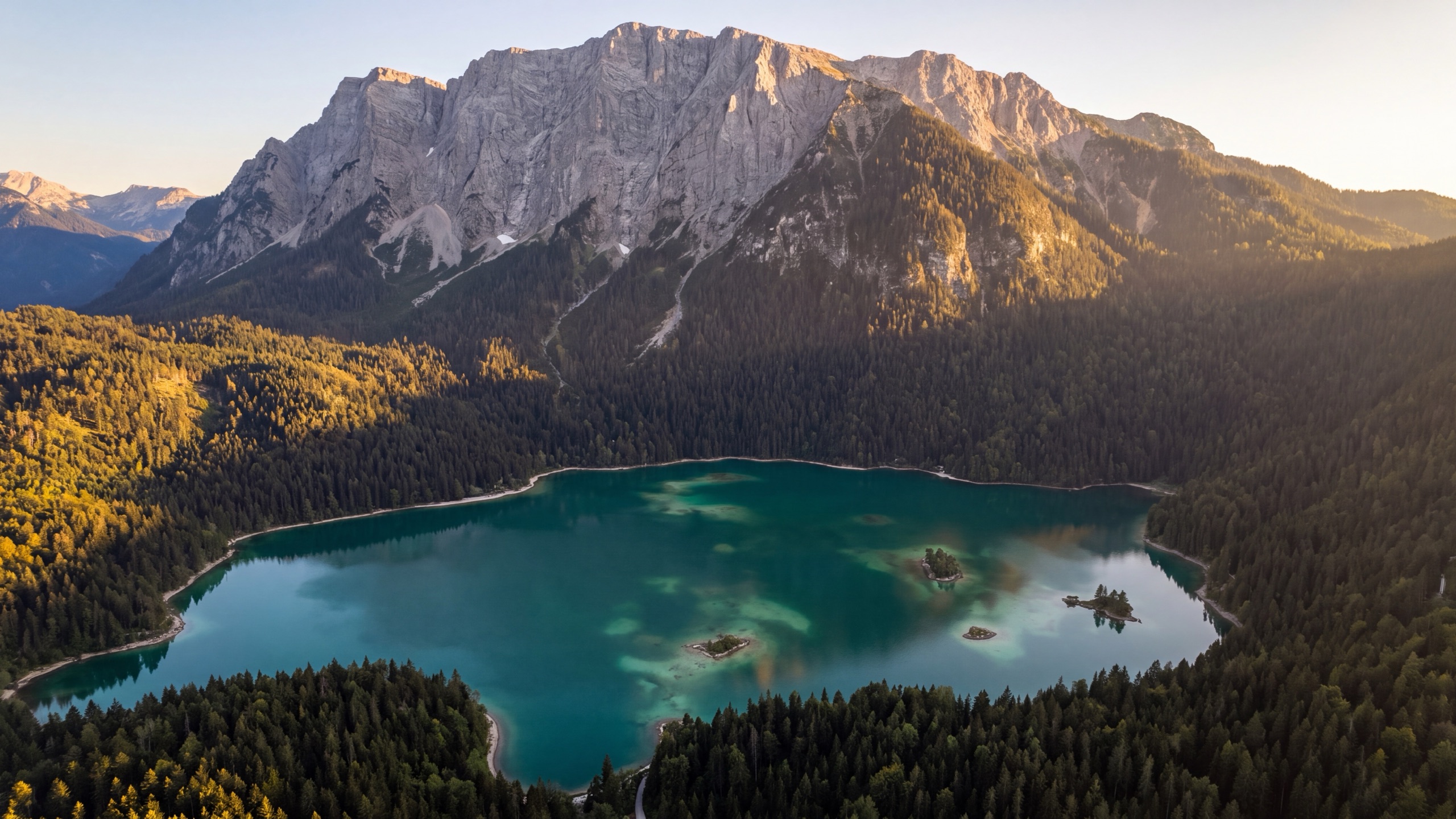 Aerial view of Eibsee and the Bavarian Alps